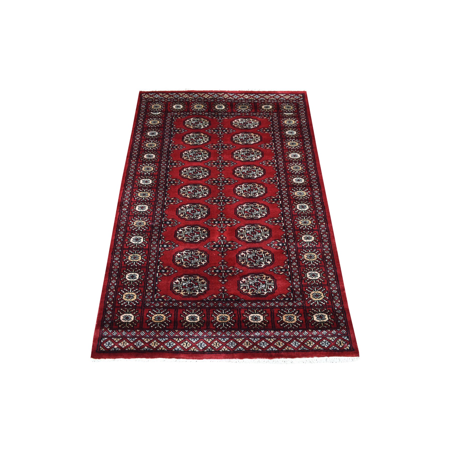 3'x4'10" Organic Wool Hand Knotted Mori Bokara with Geometric Medallions Design Deep Red Oriental Rug 